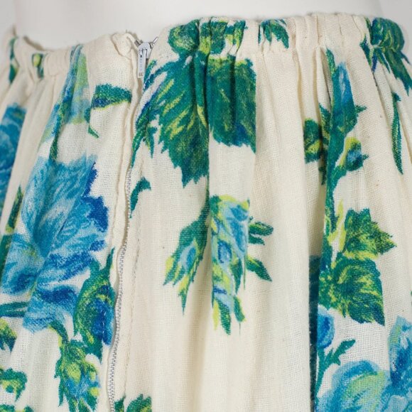 1950s Vintage Blue Rose Floral Print White Cotton Gauze Midi Skirt Sz XS S M - Picture 5 of 5